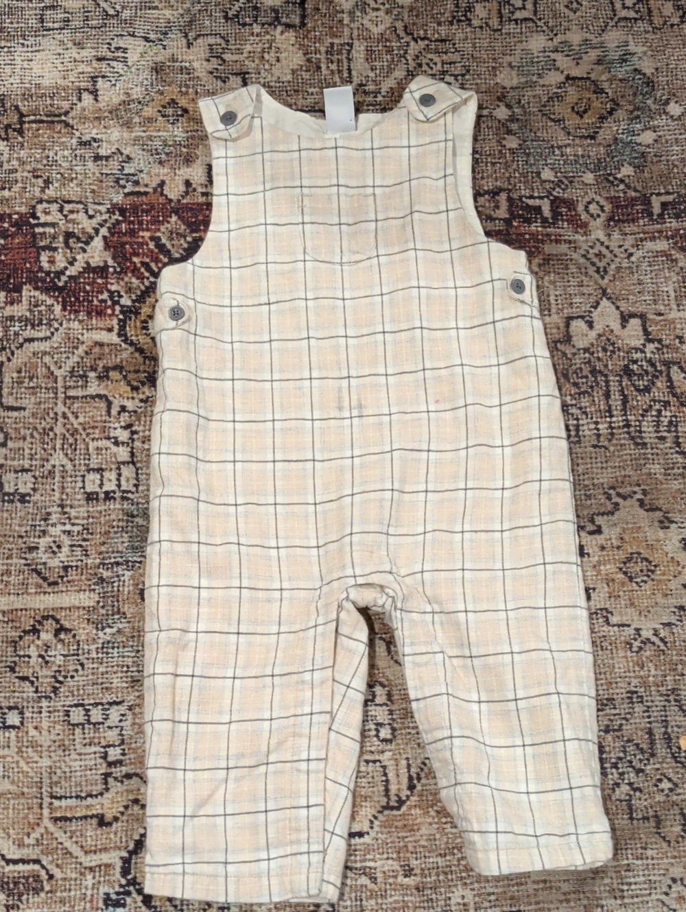 Janie and Jack Cream and Navy Windowpane Plaid Overalls
